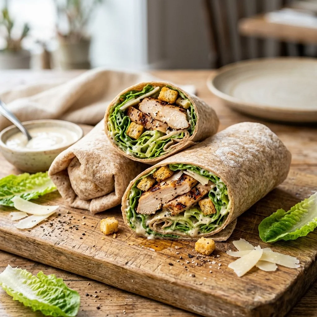 Healthy Chicken Caesar Salad Wraps with fresh ingredients and creamy dressing.