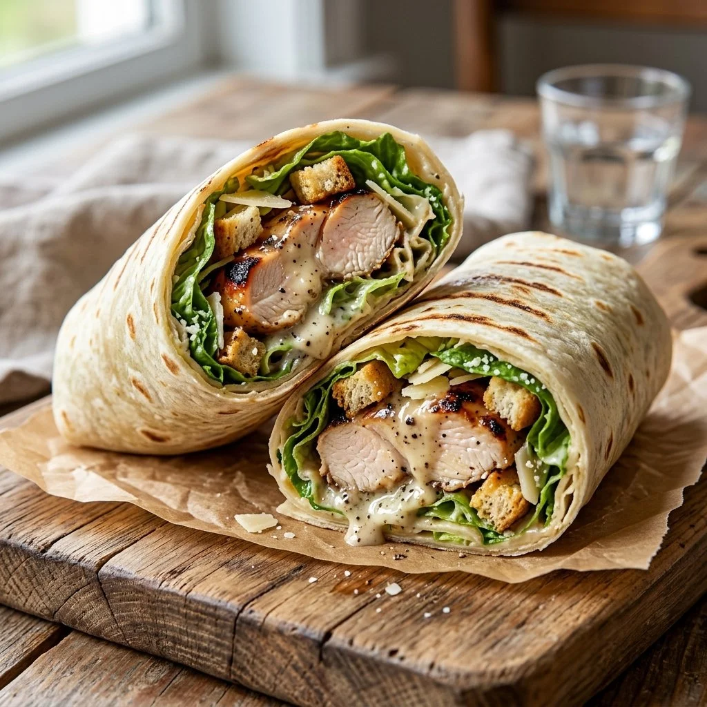 Delicious Chicken Caesar Wrap with fresh lettuce, chicken, and Caesar dressing