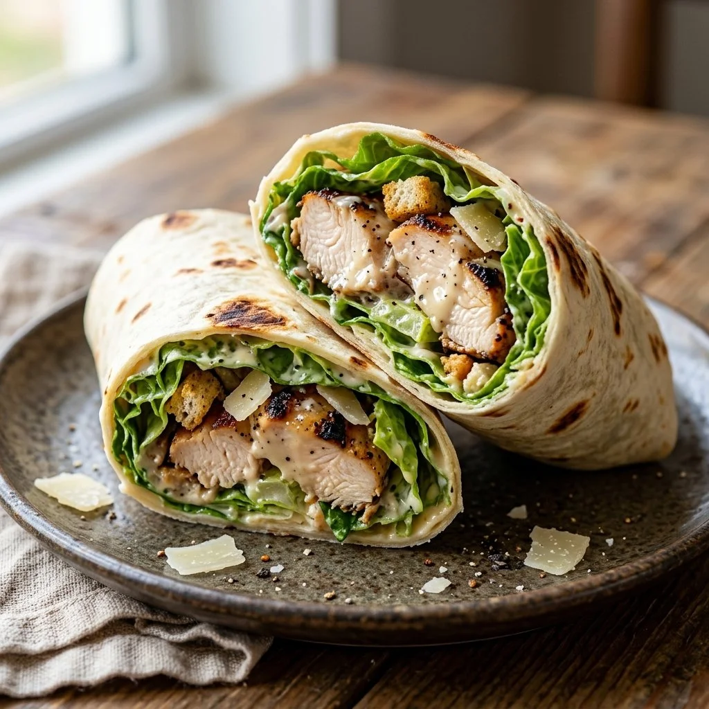 Delicious Chicken Caesar Wrap with crisp lettuce and tasty dressing.