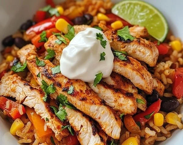 Delicious Chicken Fajita Rice Bowl topped with fresh vegetables and spices