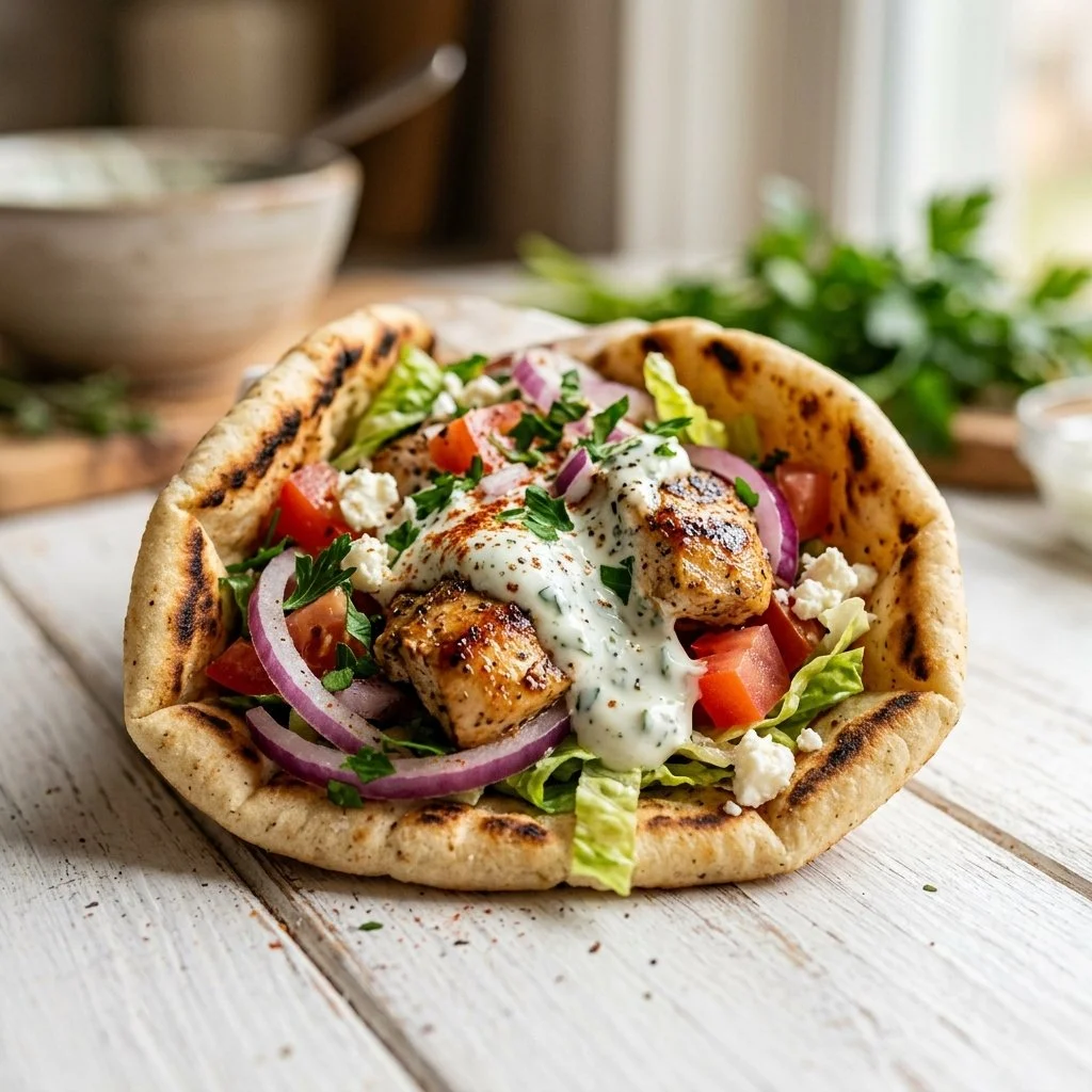 Delicious homemade chicken gyro served with fresh vegetables and sauce