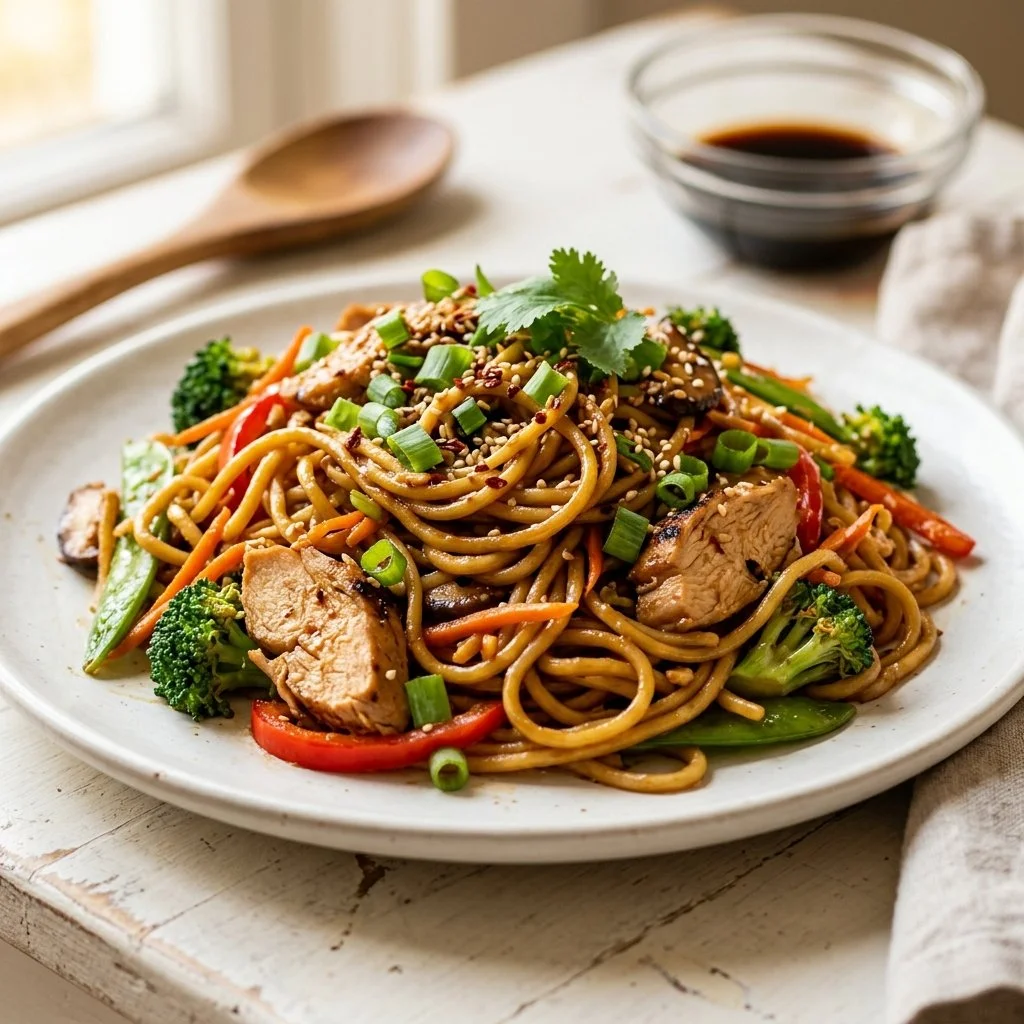 Delicious plate of Chicken Lo Mein with colorful vegetables and noodles