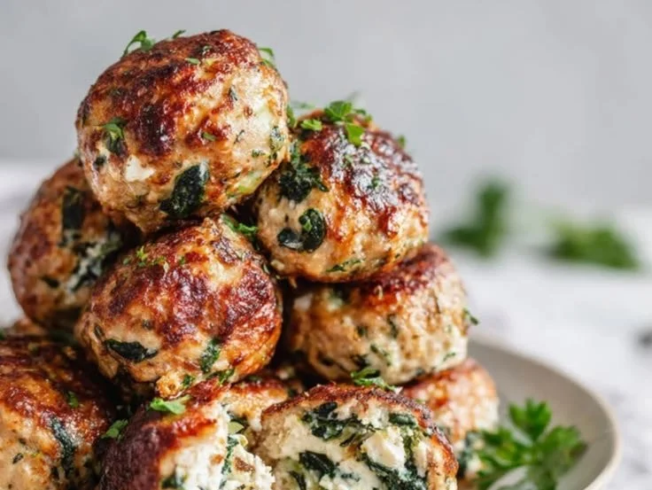 Chicken meatballs with spinach and feta served on a plate