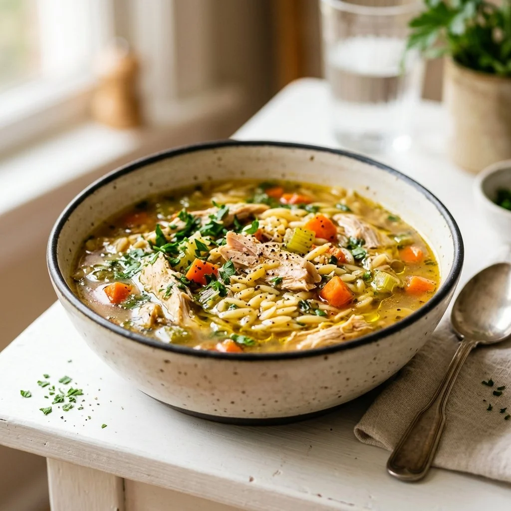 Bowl of hearty Chicken Orzo Soup with vegetables and herbs.