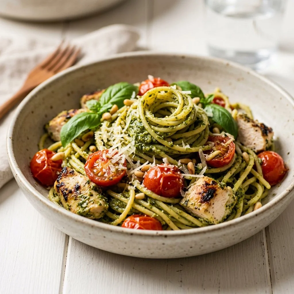 Delicious chicken pesto pasta dish with fresh basil and grilled chicken.