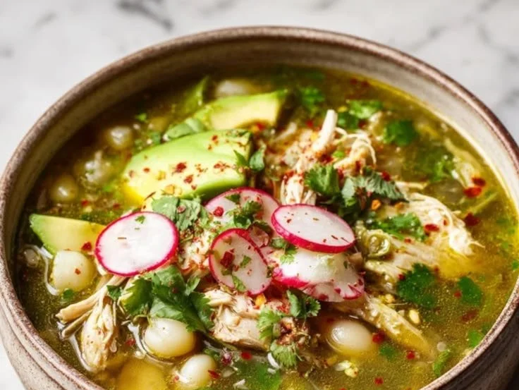 Delicious bowl of Chicken Pozole Verde garnished with fresh cilantro and lime.