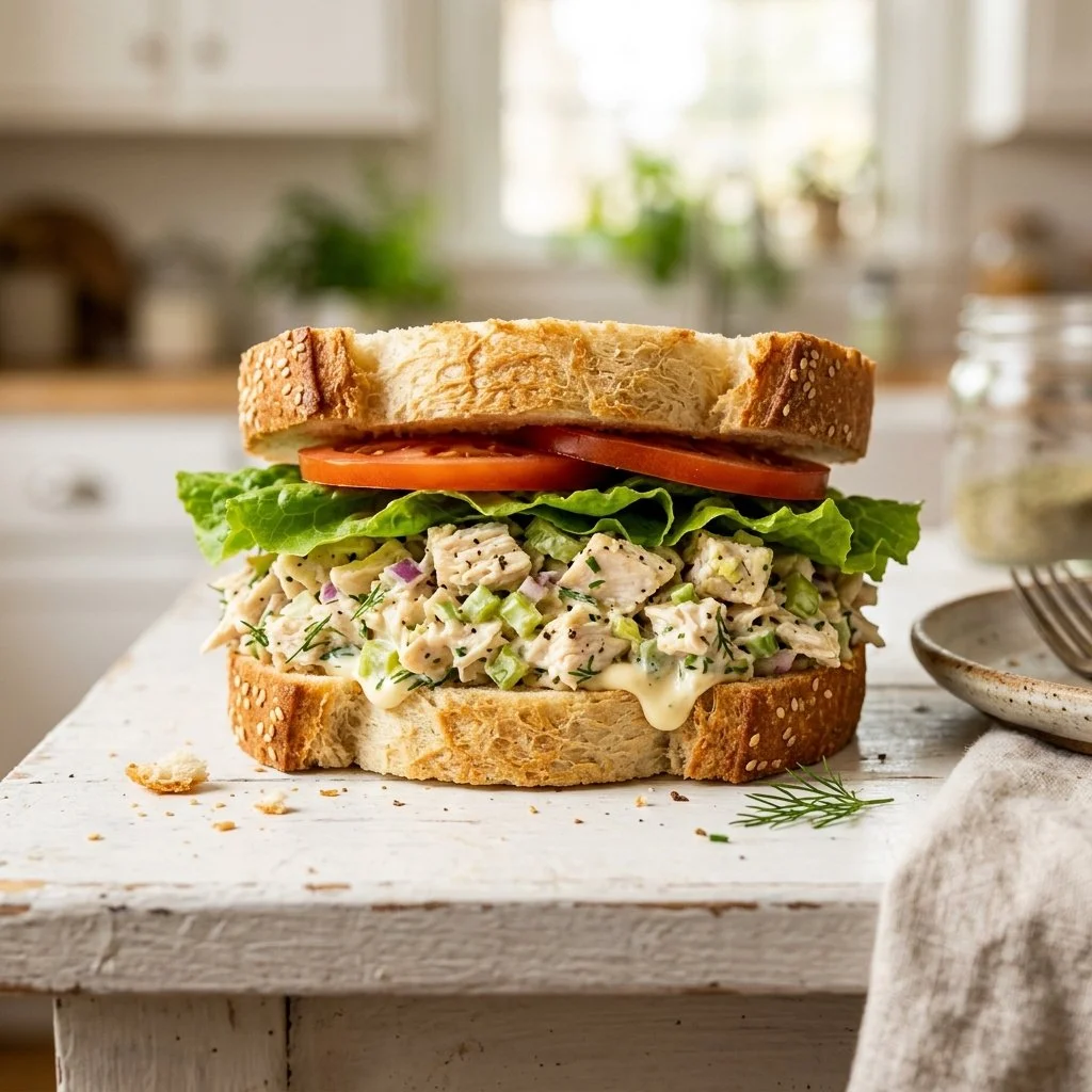 Delicious chicken salad sandwich with fresh ingredients and herbs