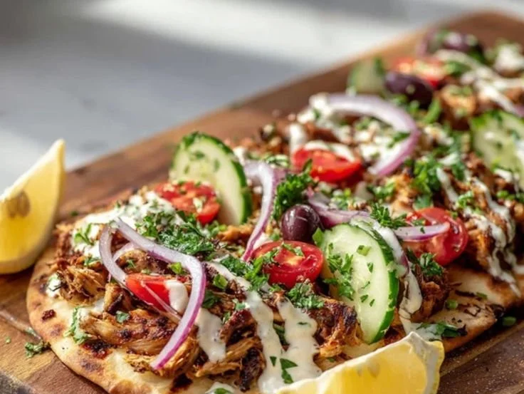 Homemade Chicken Shawarma Flatbread topped with fresh vegetables and sauce