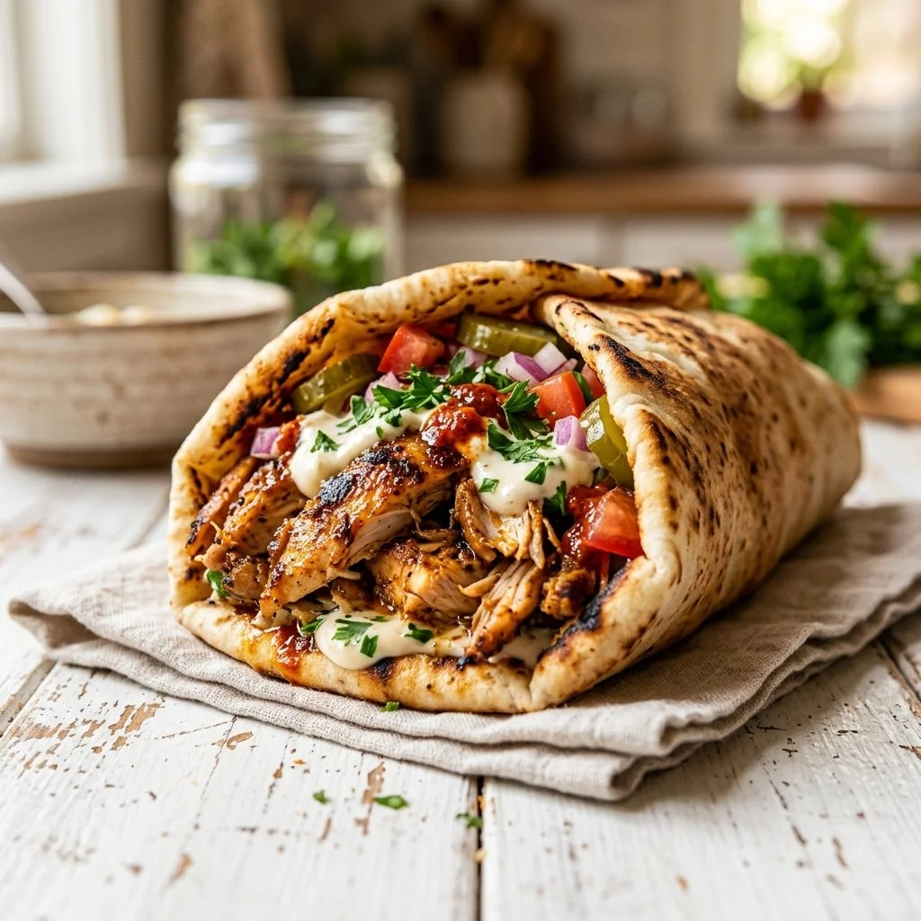 Delicious homemade Chicken Shawarma served with fresh veggies and sauce