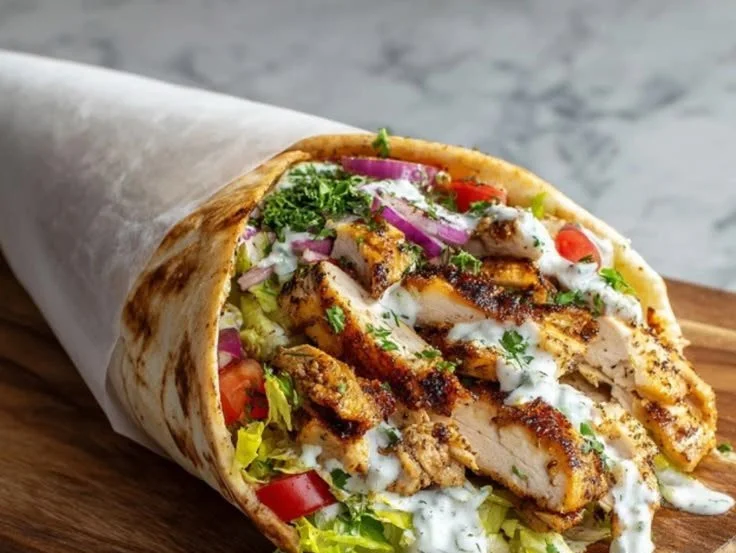 Delicious Chicken Shawarma Wrap served with fresh vegetables and sauces
