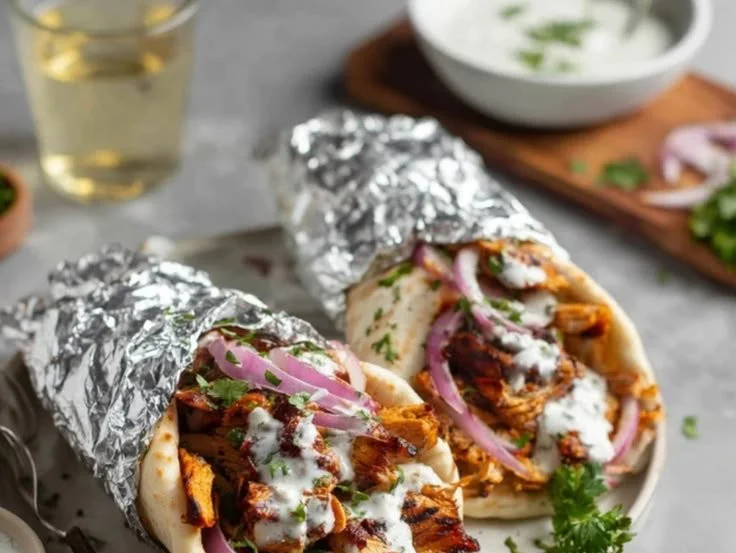 Homemade chicken shawarma wrap with fresh veggies and savory sauce.