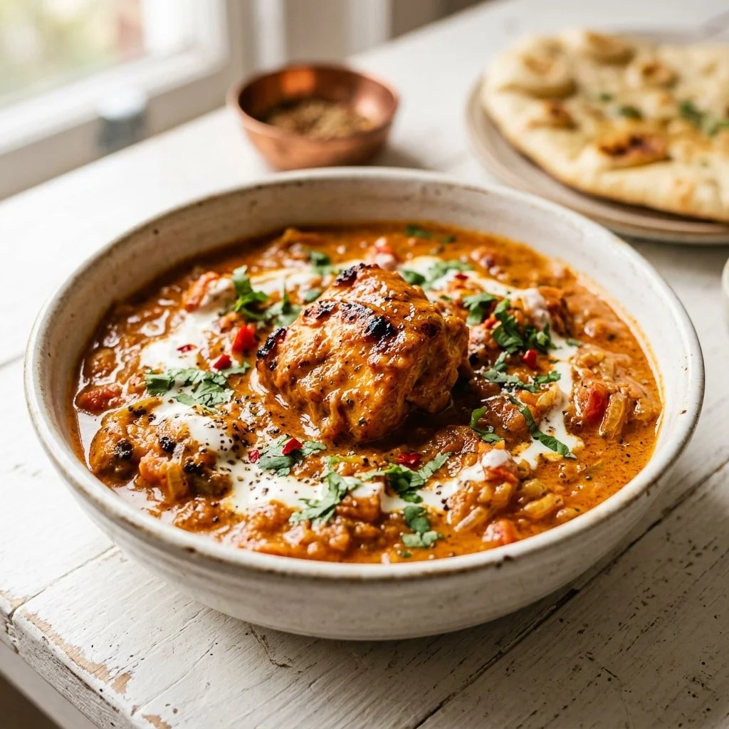 Delicious Chicken Tikka Masala served with rice and naan.