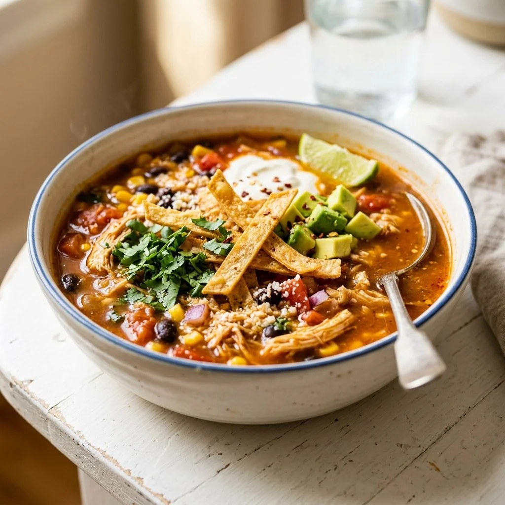 Bowl of delicious Chicken Tortilla Soup topped with crispy tortilla strips and fresh herbs.