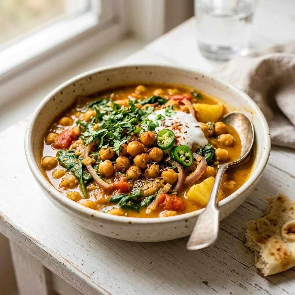 Bowl of flavorful chickpea curry garnished with fresh herbs