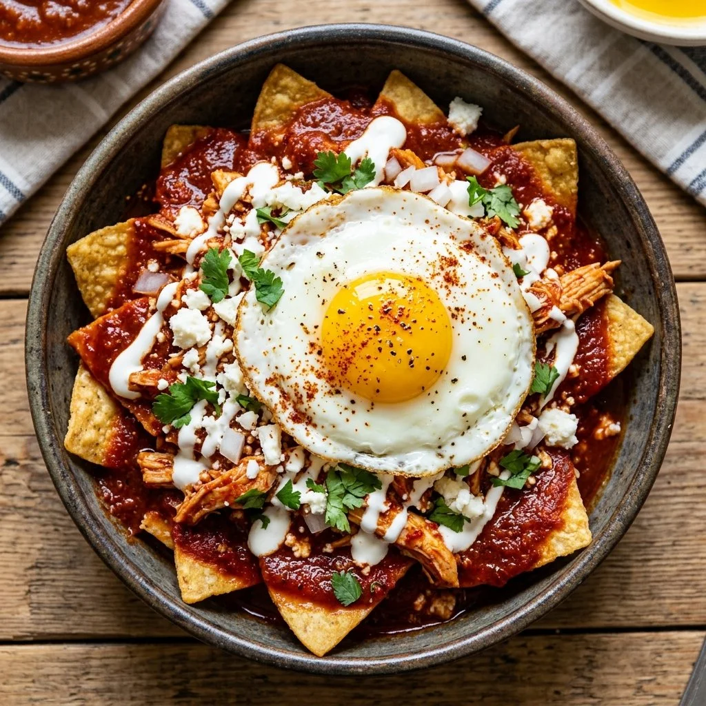 Plate of vibrant chilaquiles rojos topped with cheese and avocado