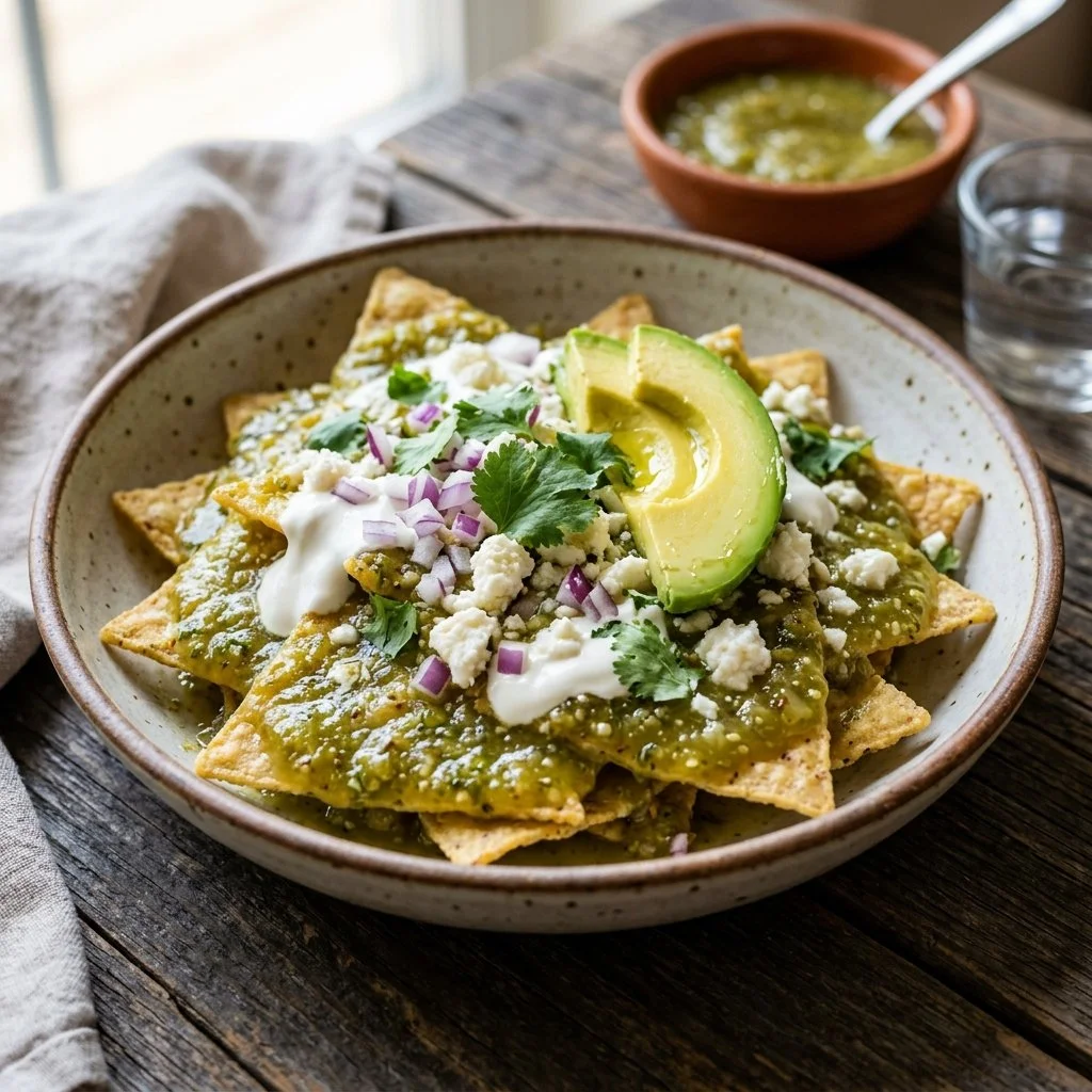 Delicious Chilaquiles Verdes topped with fresh ingredients and green salsa