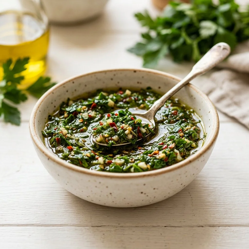 Homemade chimichurri sauce in a small bowl with fresh herbs and spices