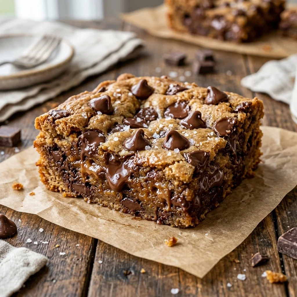 Freshly baked chocolate chip cookie bars on a cooling rack