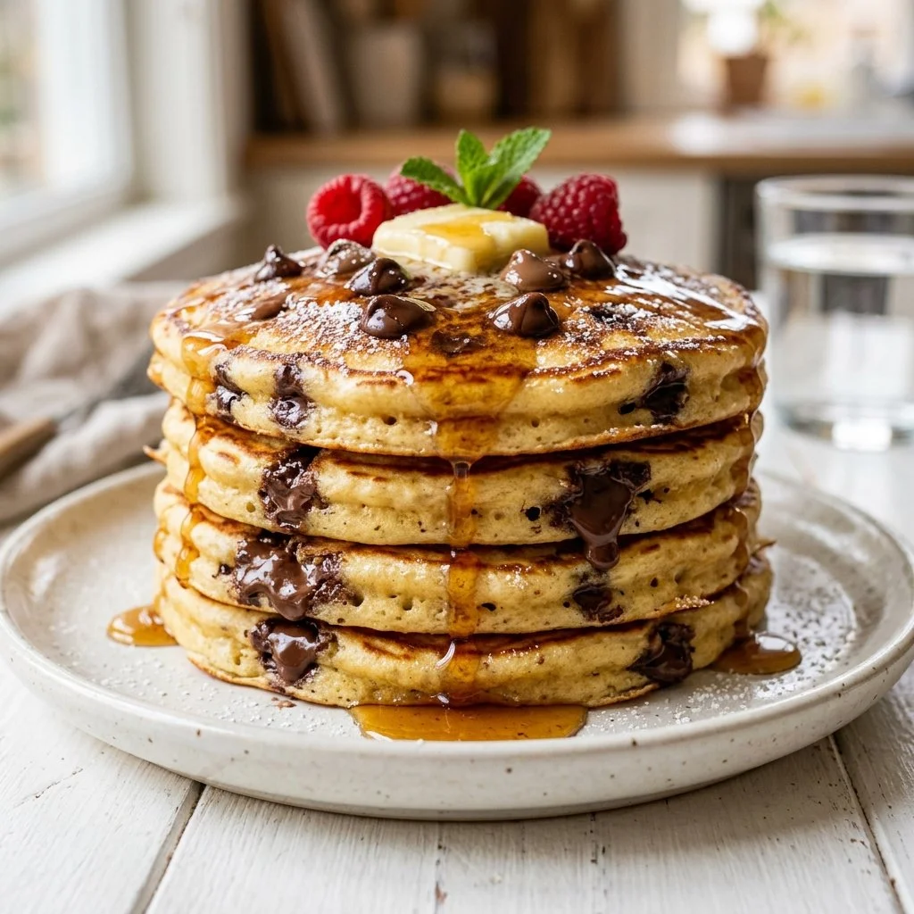 Homemade chocolate chip pancakes stacked on a plate with syrup