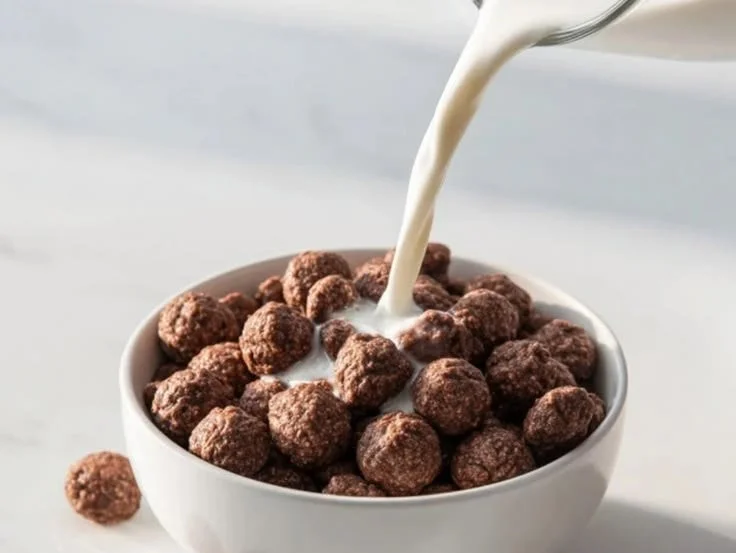 Bowl of Chocolate Cocoa Puffs cereal with milk and chocolate flakes