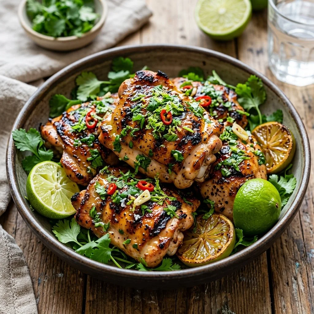 Delicious cilantro lime chicken garnished with fresh cilantro and lime wedges