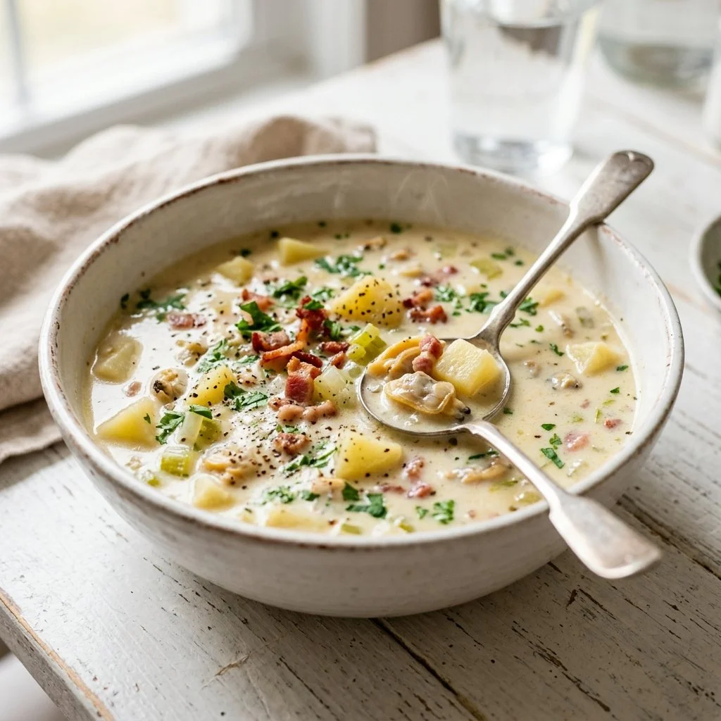 Delicious homemade clam chowder in a bowl, garnished with parsley and crackers.