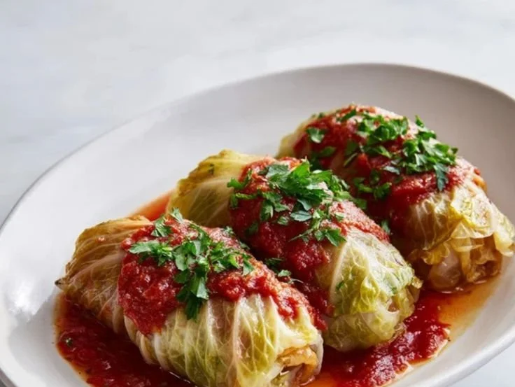 Classic baked cabbage rolls filled with meat and rice, served on a white plate.