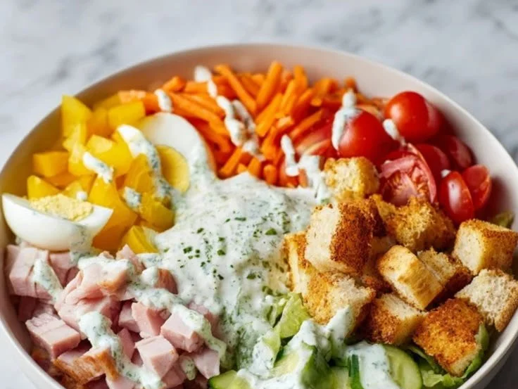 A fresh and colorful classic chef salad with various vegetables and proteins