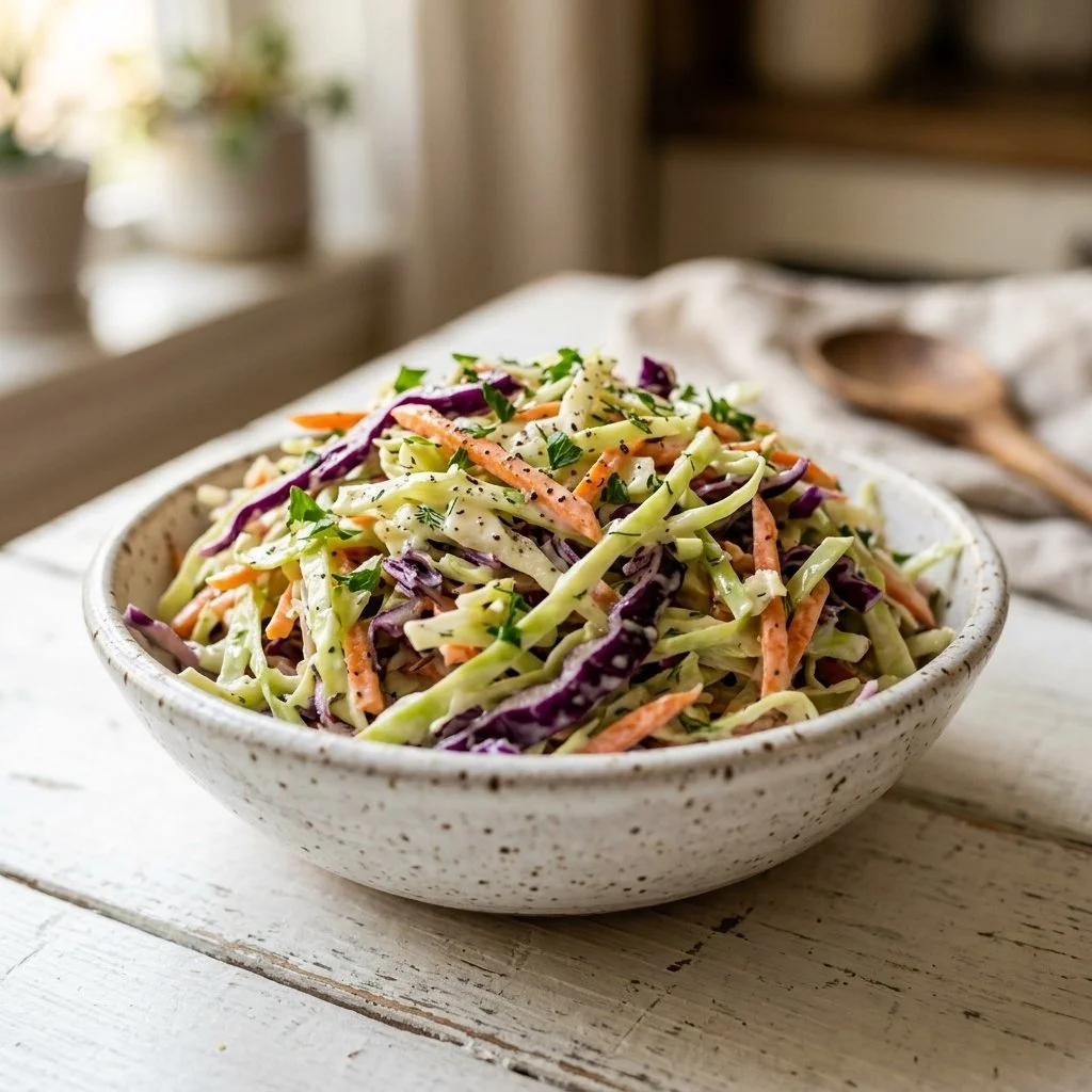 Bowl of classic coleslaw with shredded cabbage and carrots