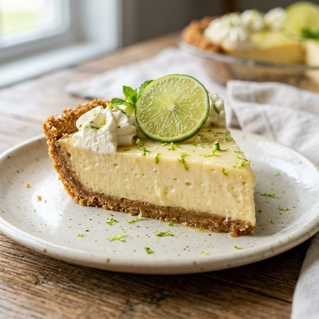Classic key lime pie with whipped cream and lime garnish on a white plate