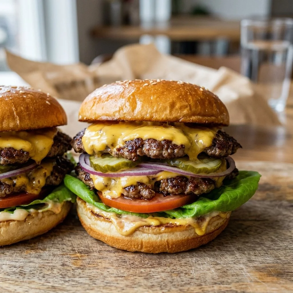 Juicy classic smash burgers on a grill with fresh toppings