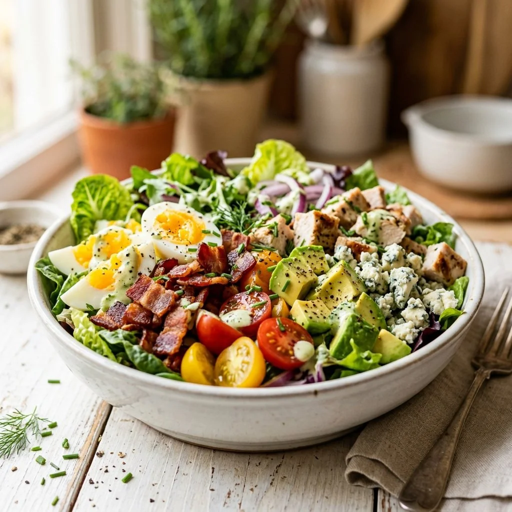 Delicious Cobb Salad with fresh ingredients like chicken, bacon, and avocado.