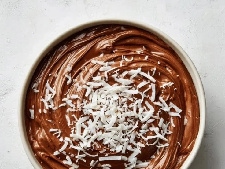 Delicious Coconut Chocolate Mousse dessert topped with coconut flakes.