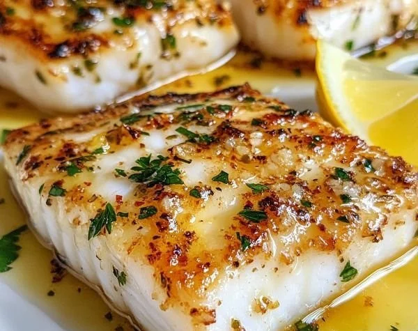Delicious Cod with Garlic Butter served on a plate