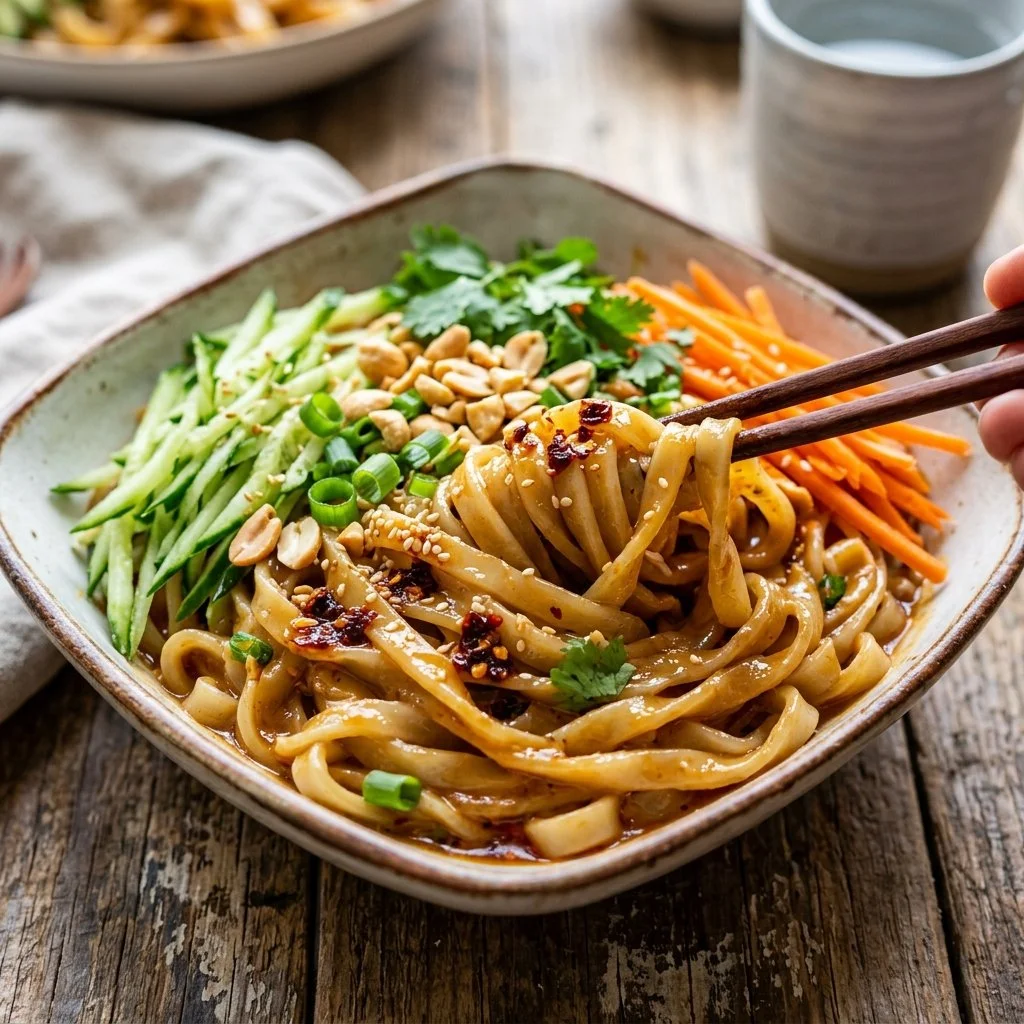 Plate of cold peanut noodles garnished with vegetables and herbs