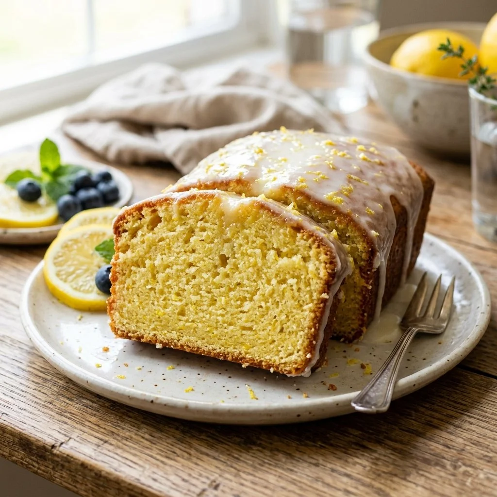 Sliced copycat Starbucks lemon loaf with a lemon glaze on a wooden table