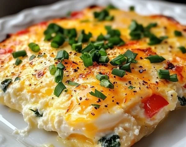 Cottage Cheese Egg Bake fresh out of the oven, garnished and ready to serve.