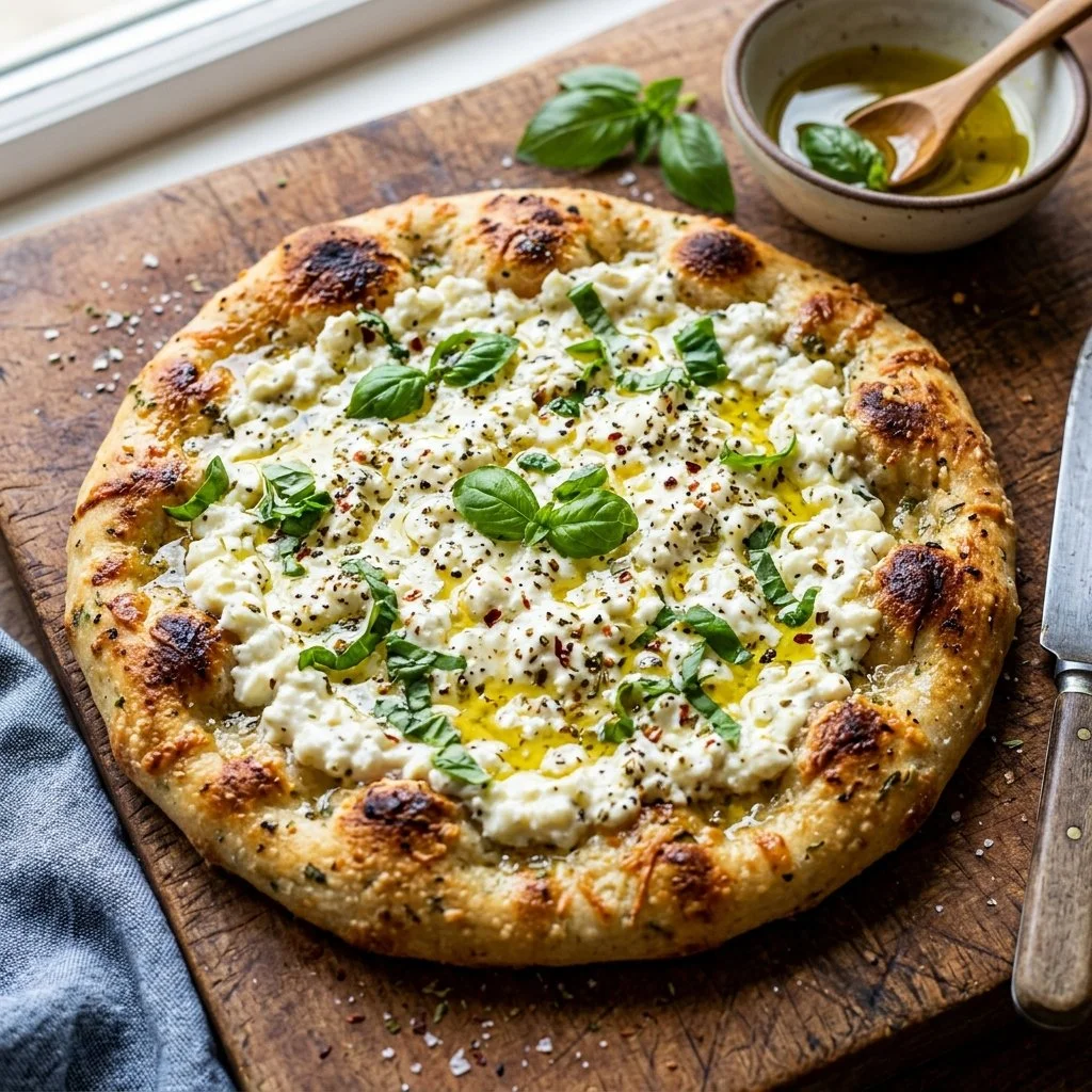 Homemade cottage cheese flatbread topped with fresh herbs and vegetables.