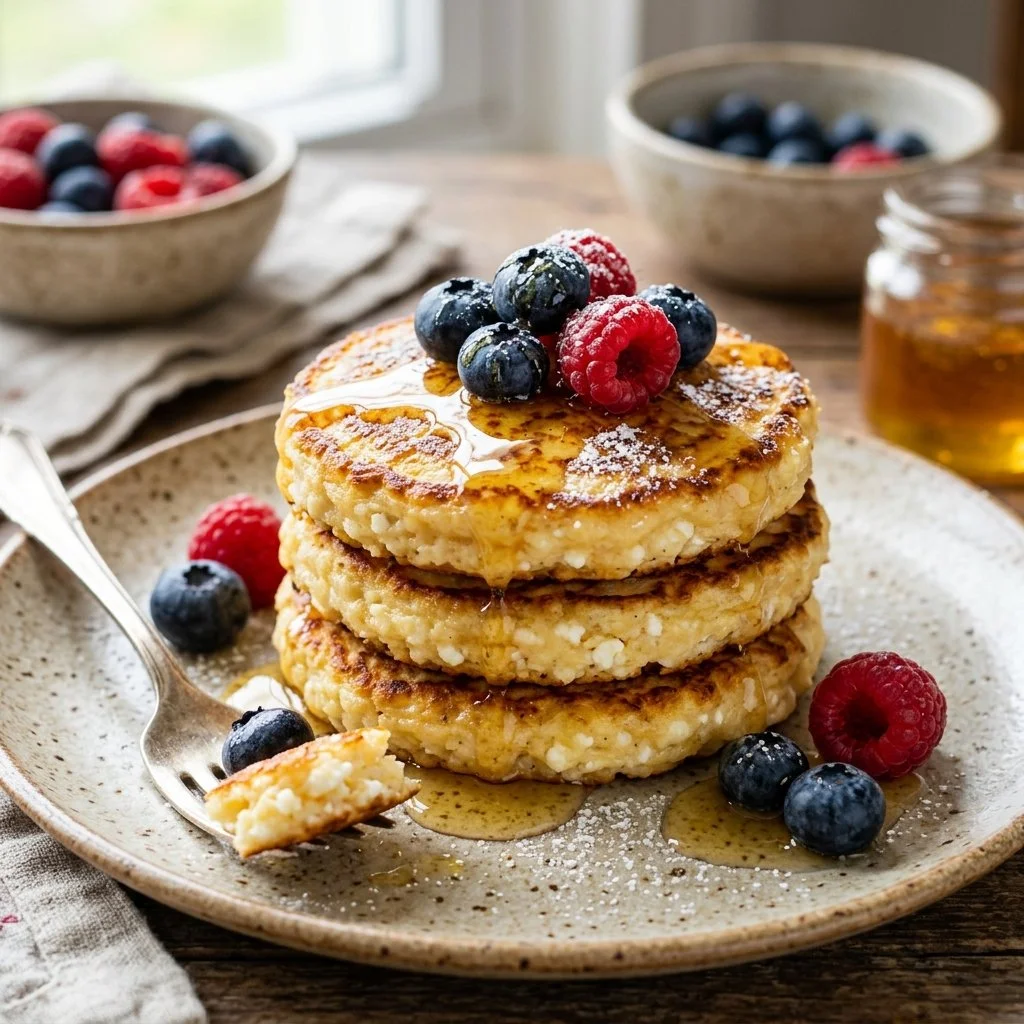 Fluffy cottage cheese pancakes served with syrup and fruit