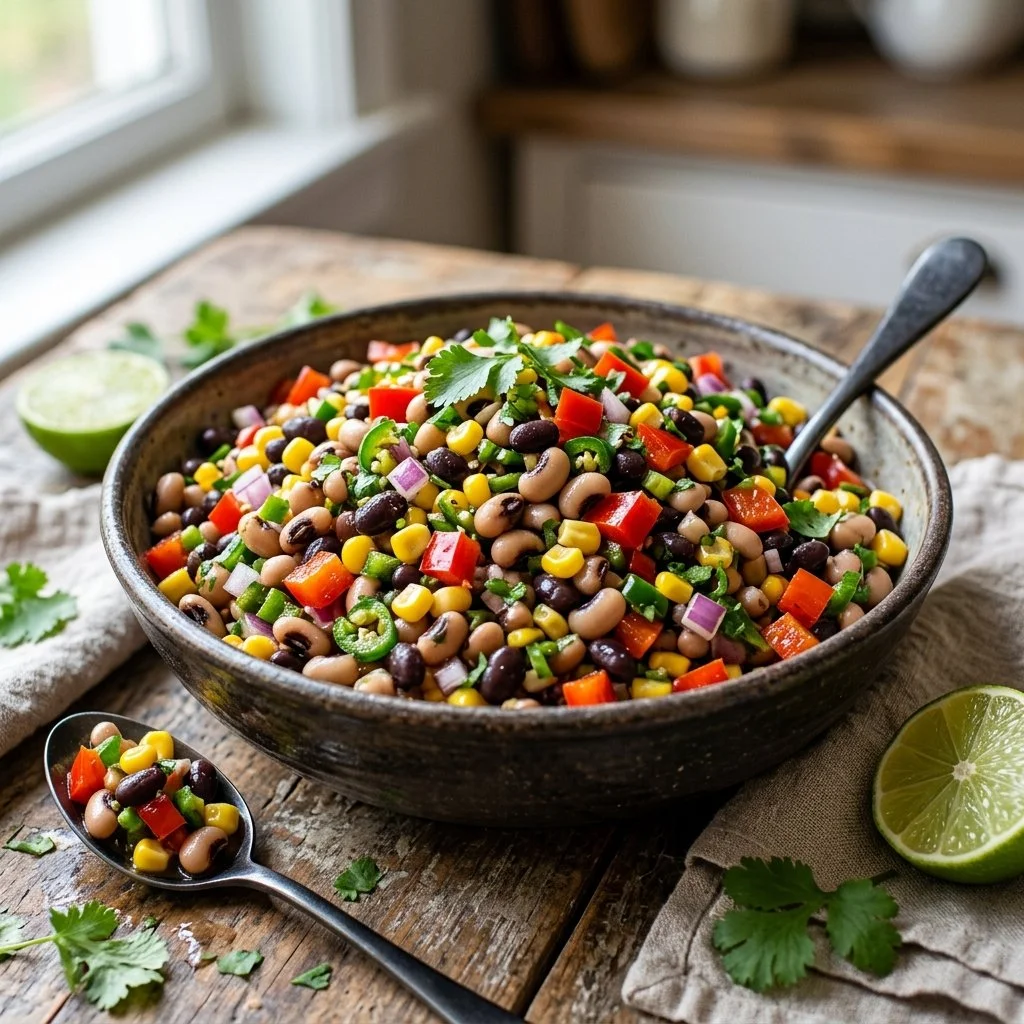 Bowl of Cowboy Caviar with colorful vegetables and beans