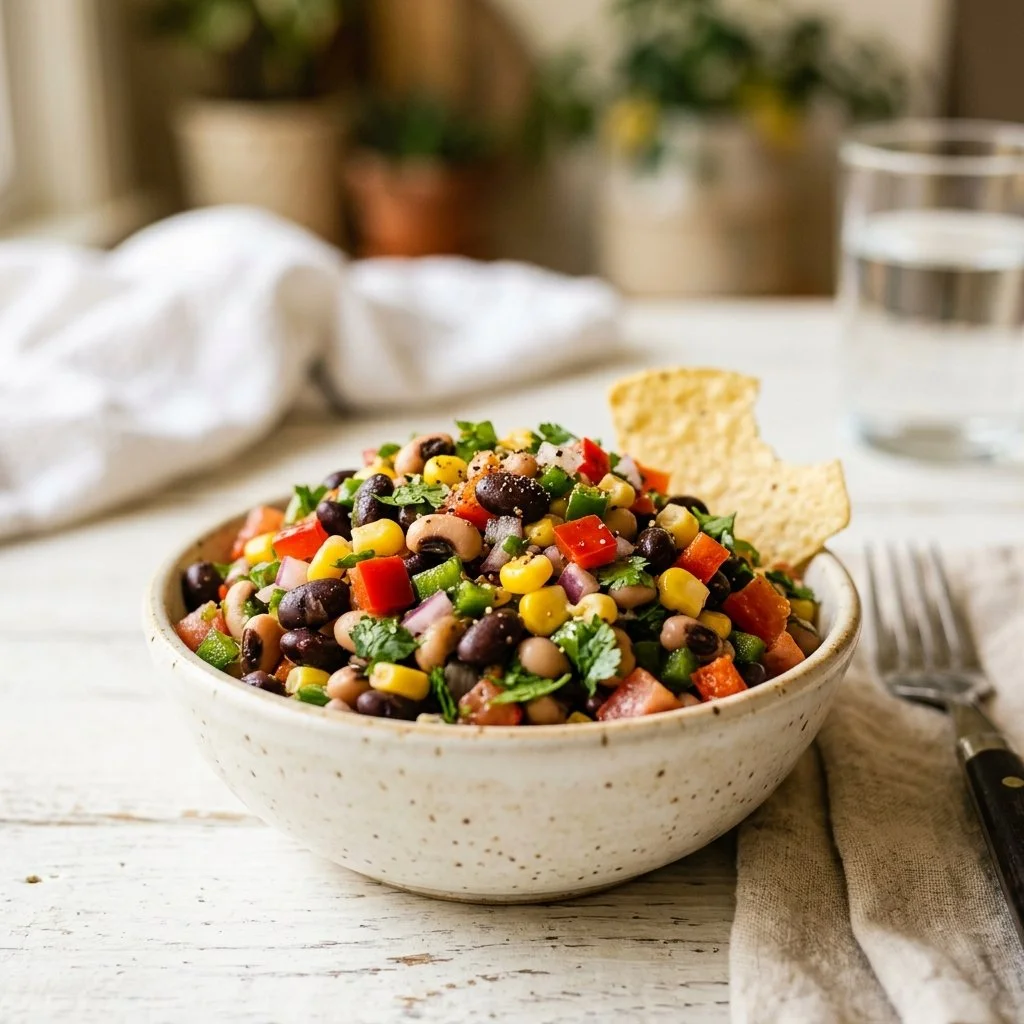 Vibrant Cowboy Caviar with beans, corn, and veggies in a bowl