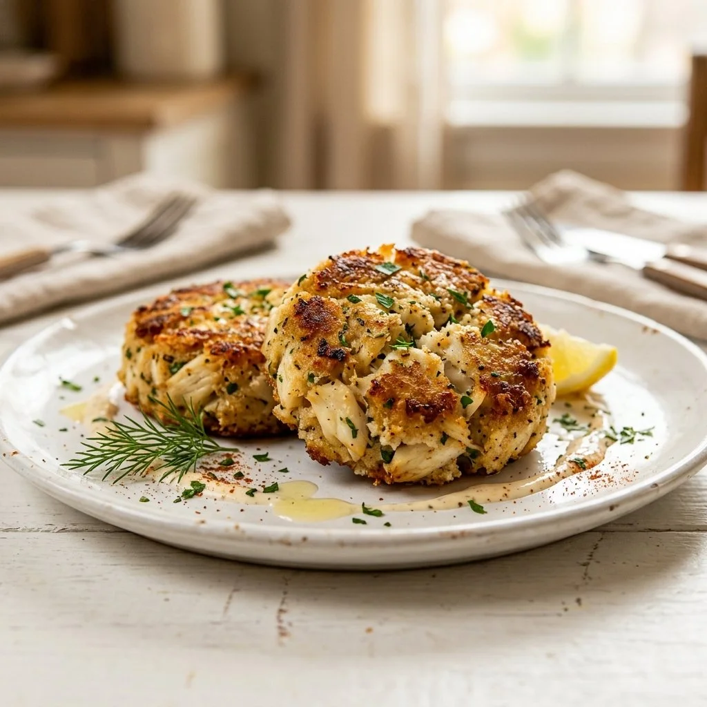 Delicious homemade crab cakes ready to serve with a garnish.