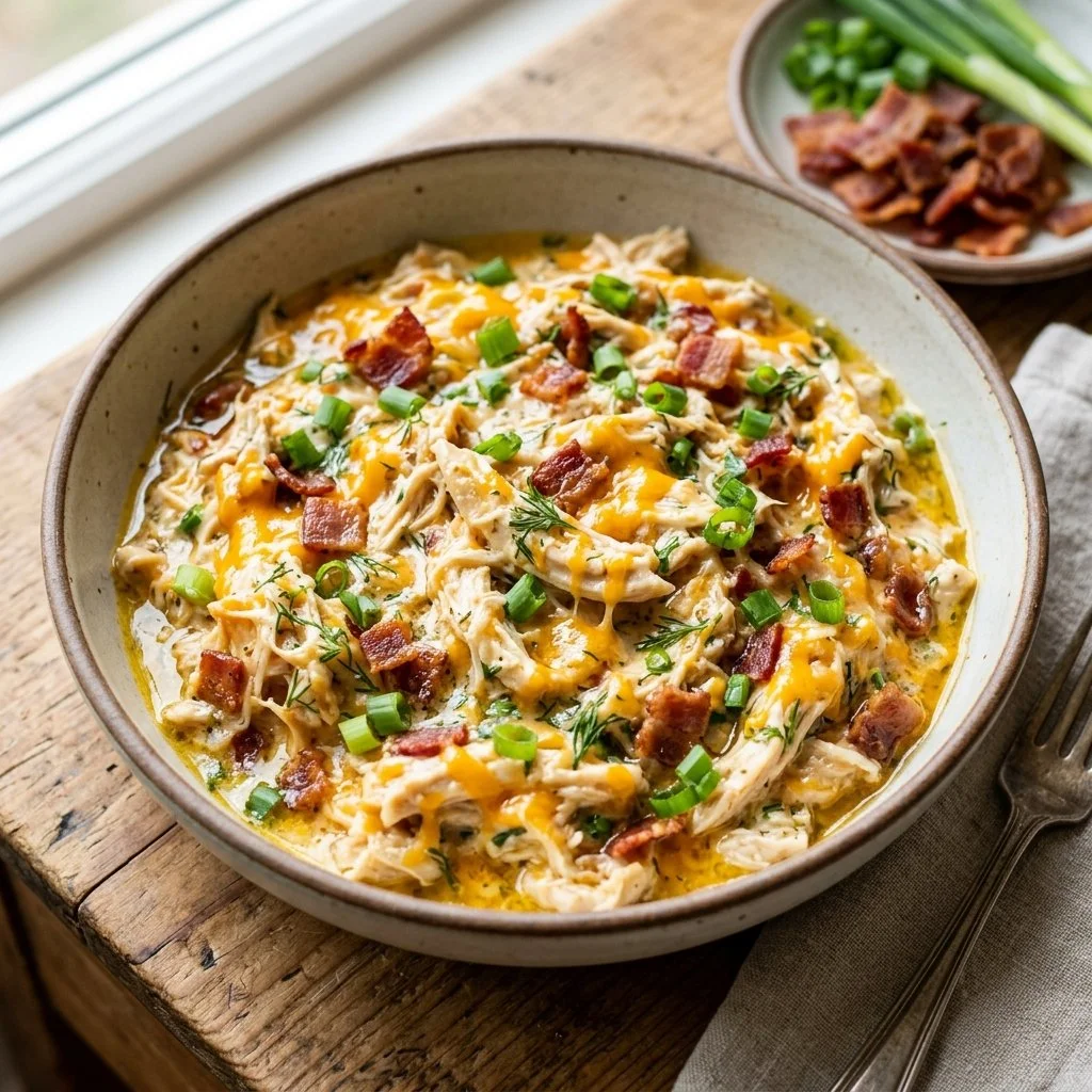 Delicious bowl of crack chicken garnished with herbs and served with sides.
