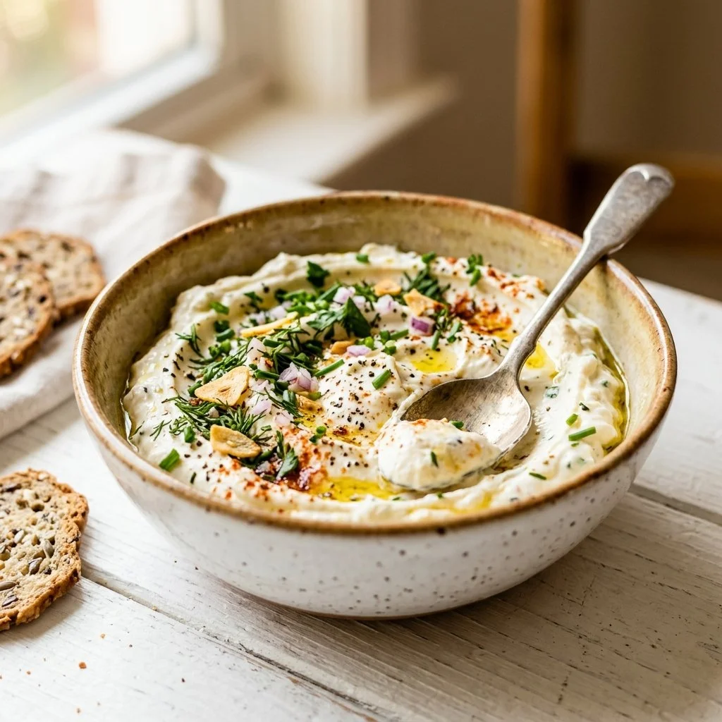 Cream cheese dip in a bowl with fresh vegetables for dipping.
