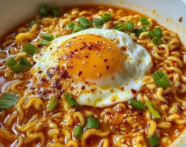 Creamy Buldak Ramen topped with a poached egg in a bowl