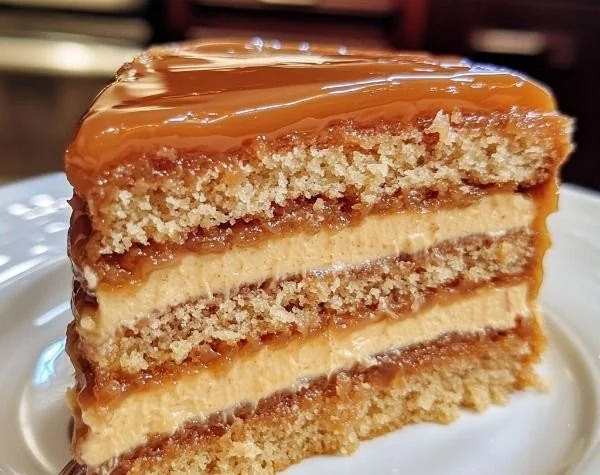 Slice of creamy caramel cake topped with caramel drizzle and pecans