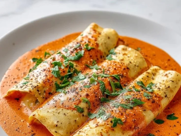 Delicious creamy chicken crepes ready to be served.