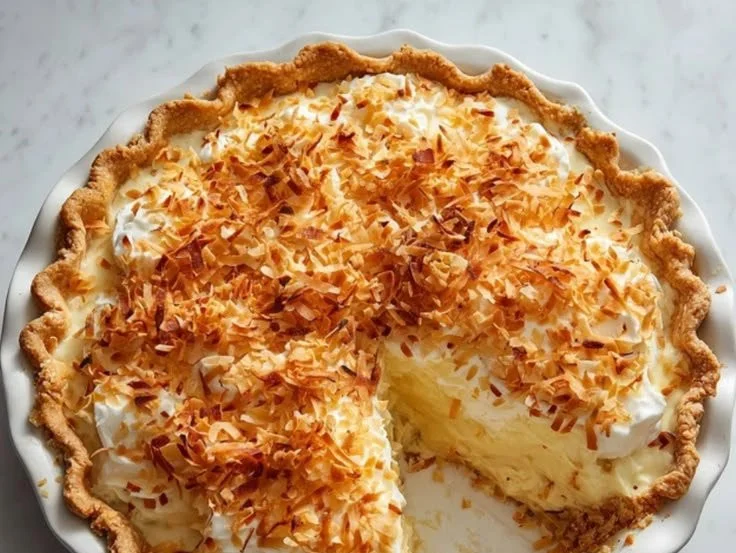 Creamy coconut pie with a flaky crust and toasted coconut topping