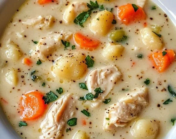 Creamy crockpot chicken gnocchi soup served in a bowl with herbs