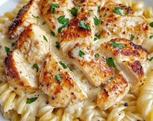 Creamy Garlic Butter Chicken served with rotini pasta